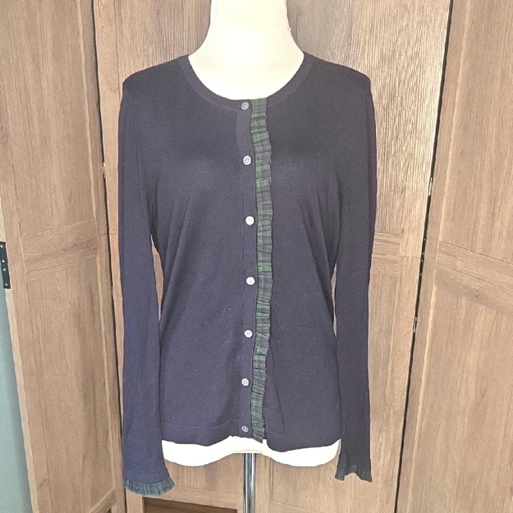Talbots Navy Button Down Cardigan with Green Trim